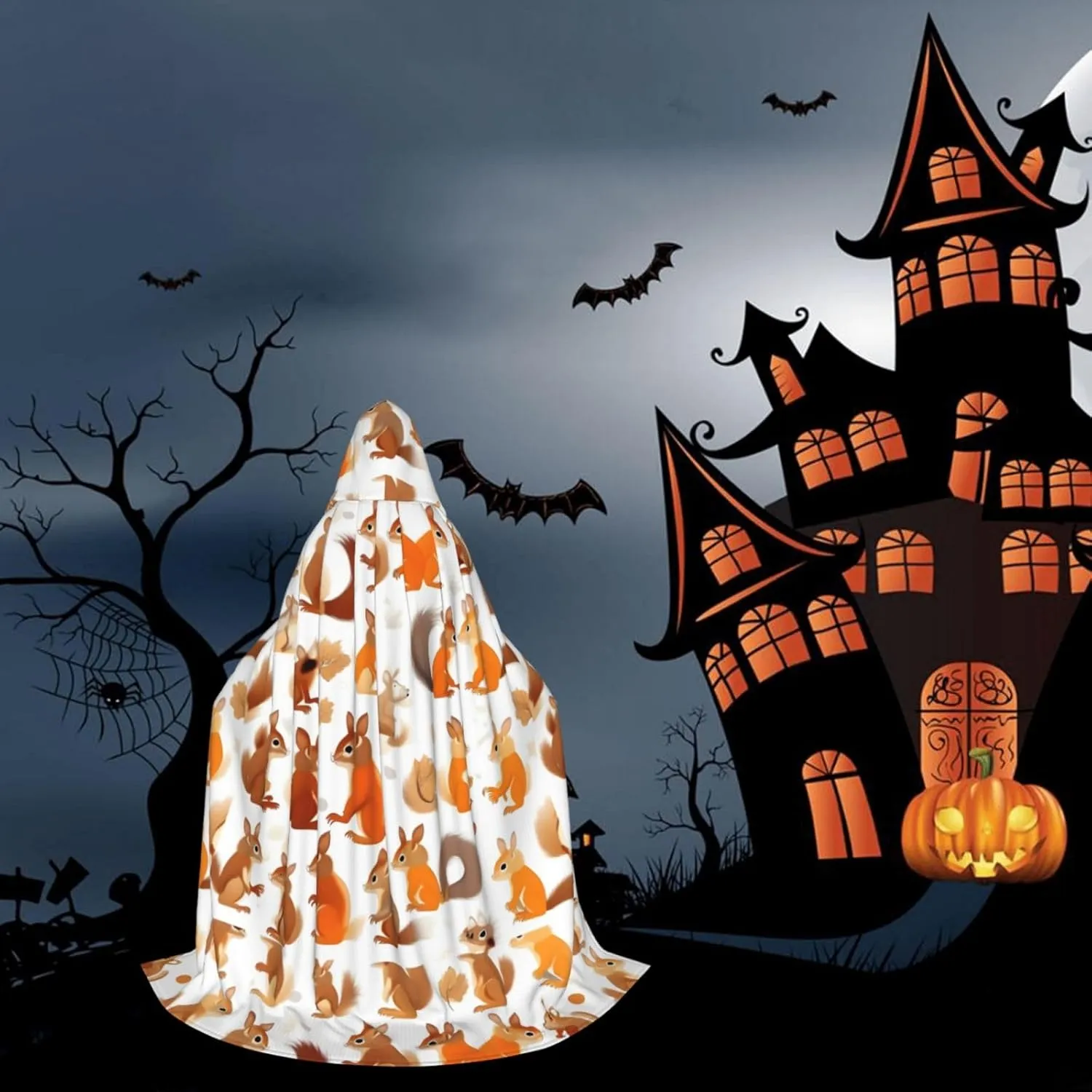 Cute Squirrels Print Halloween Hooded Cape Cosplay Cape & Witch Cloak - Unisex Halloween Hooded Cloak