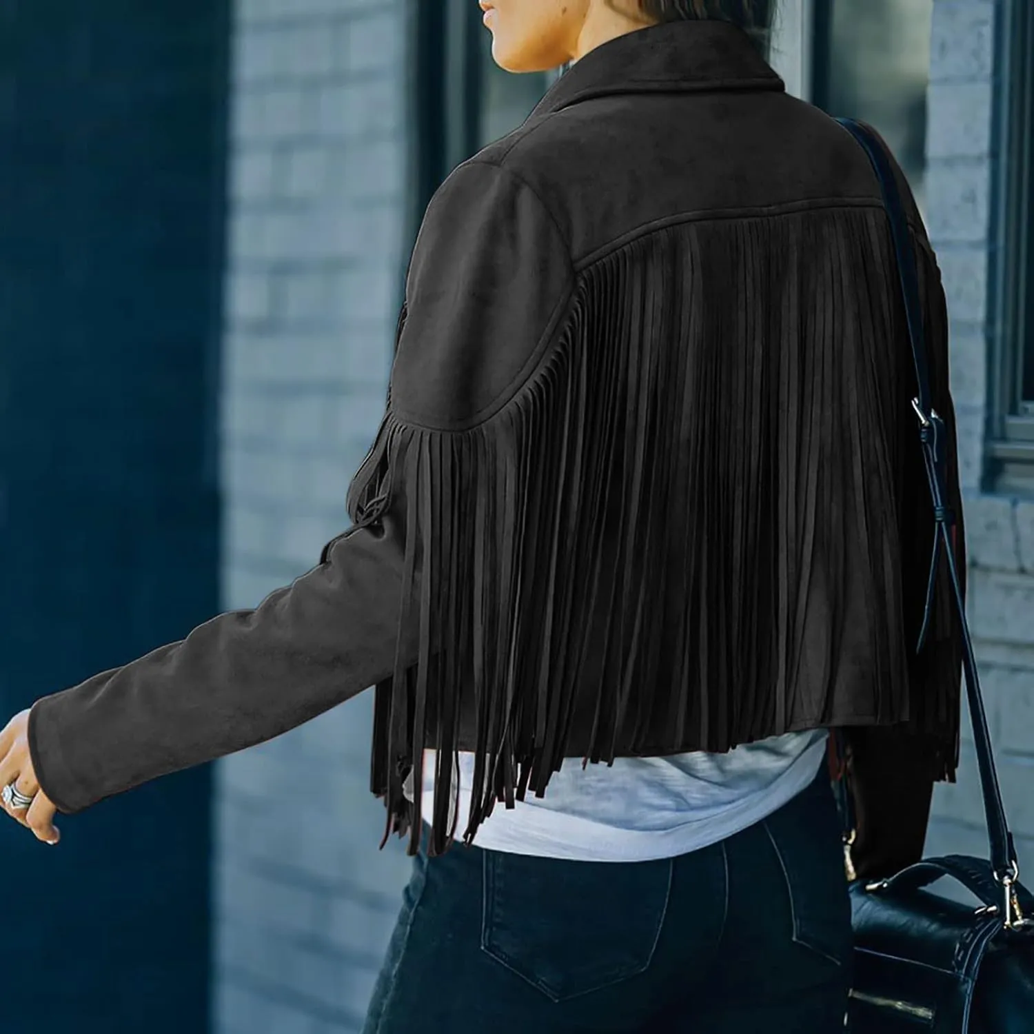 DASAYO Women's Casual Leather Fringed Jacket Long Sleeve Faux Leather PU Coat Cowboy Style Notch Lapel Tassel Outwear