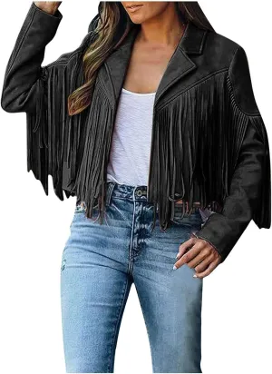 DASAYO Women's Casual Leather Fringed Jacket Long Sleeve Faux Leather PU Coat Cowboy Style Notch Lapel Tassel Outwear
