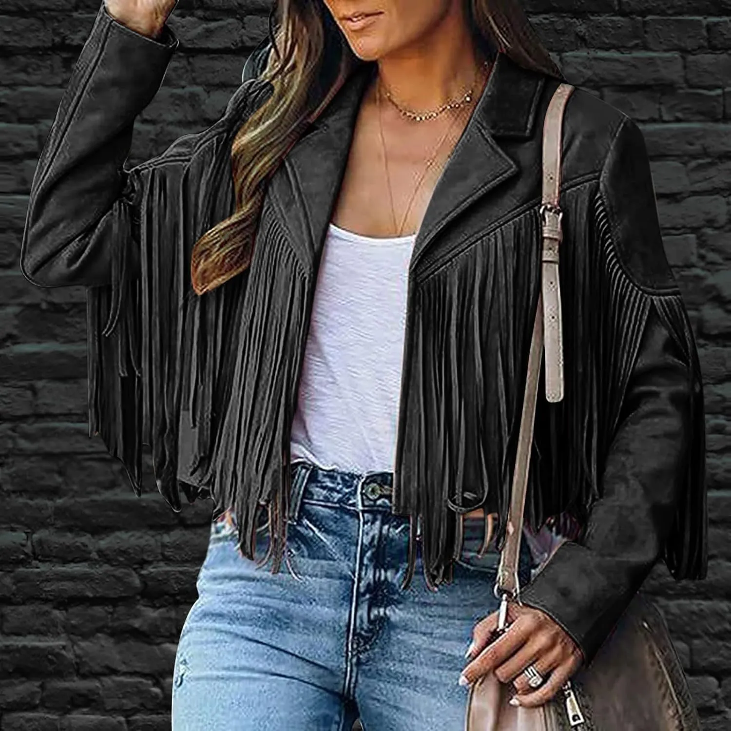 DASAYO Women's Casual Leather Fringed Jacket Long Sleeve Faux Leather PU Coat Cowboy Style Notch Lapel Tassel Outwear