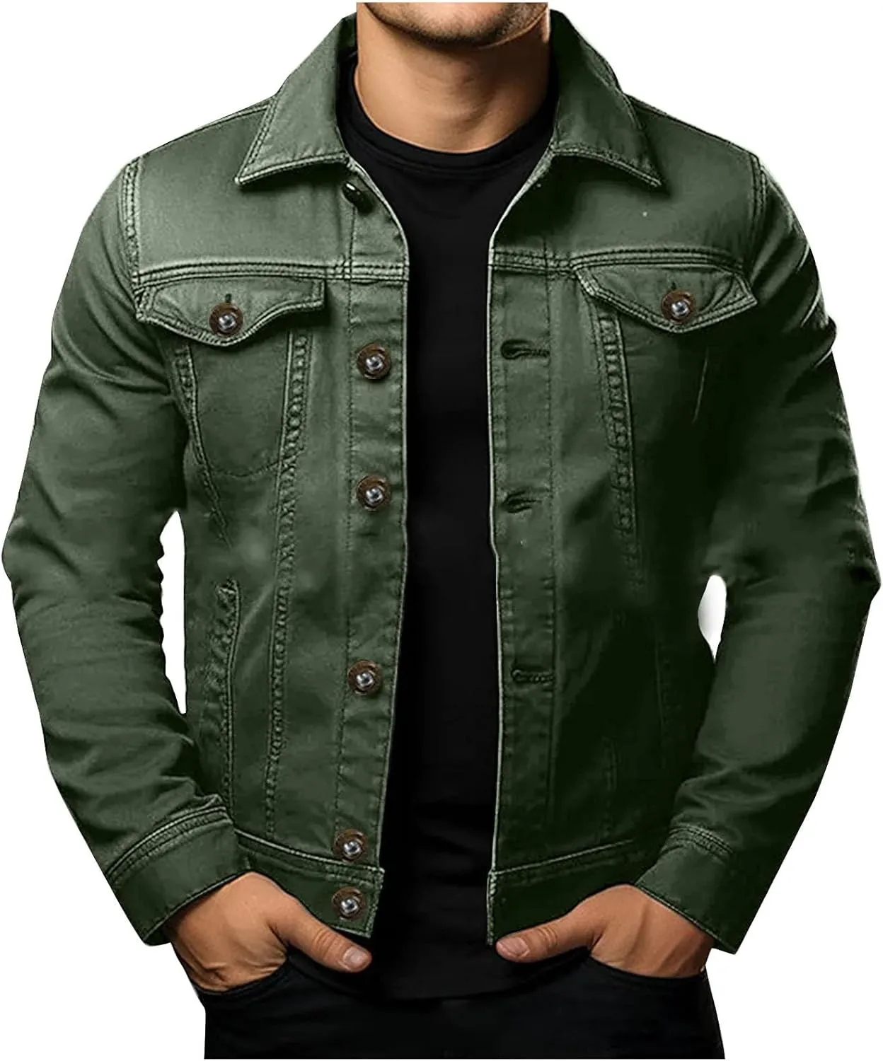 Denim Jackets for Men Button Down Casual Jean Jackets Long Sleeve Lapel Fashion Loose Fit Comfy Coat with Pockets