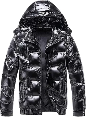 Dgoopd Winter Warm Men Puffer Coat Waterproof Lightweight Down Jacket Shiny Hooded Reflective Down Jacket Padded Jacket Coat