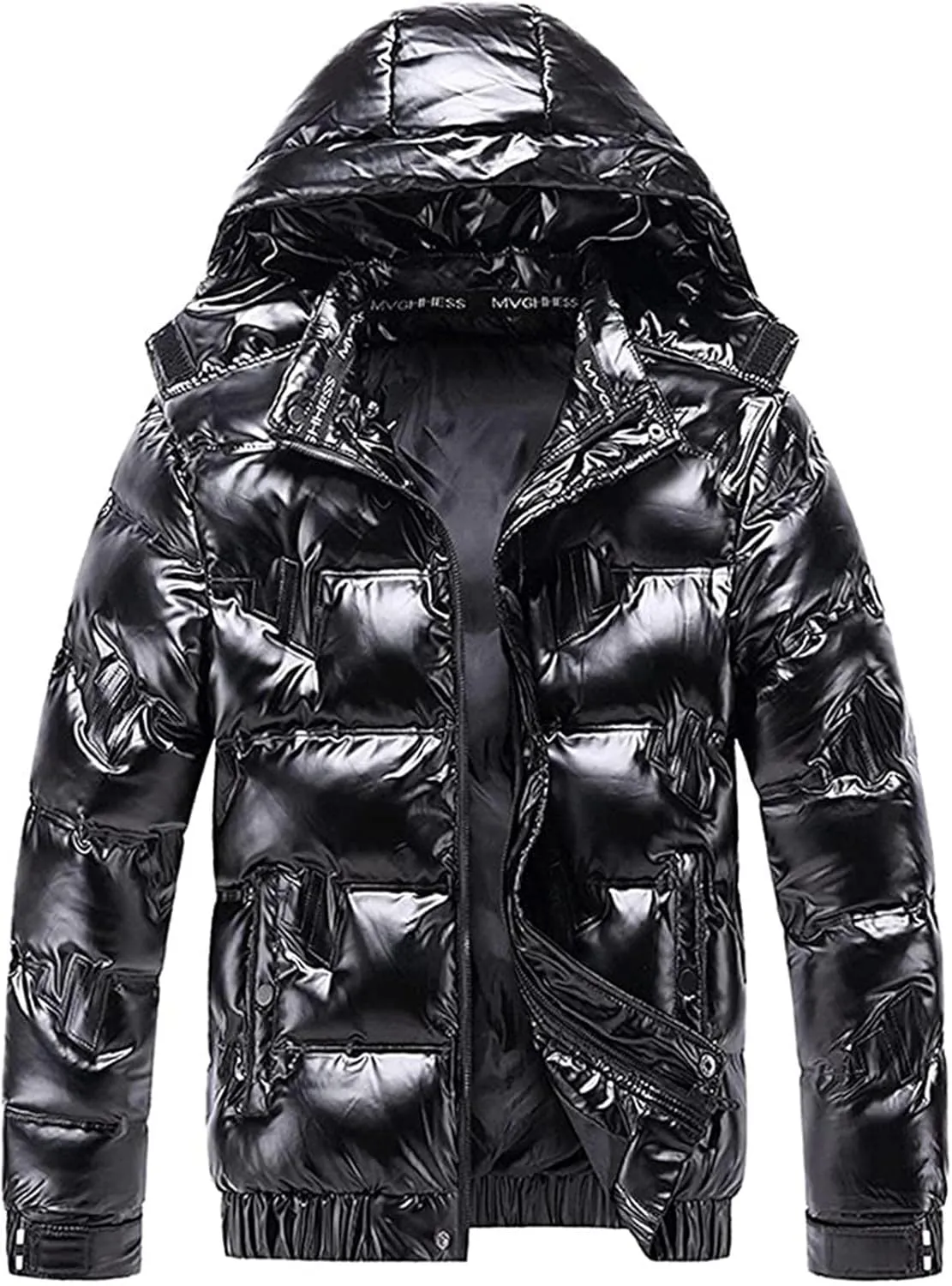 Dgoopd Winter Warm Men Puffer Coat Waterproof Lightweight Down Jacket Shiny Hooded Reflective Down Jacket Padded Jacket Coat
