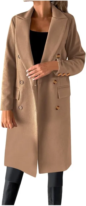 Double Breasted Peacoat for Women Winter Trendy Elegant Notched Lapel Wool Blend Trench Coat Knee Length Long Coat