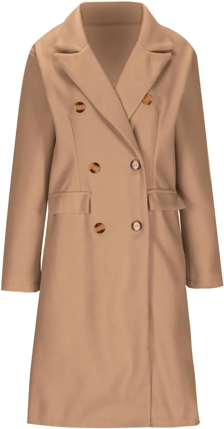 Double Breasted Peacoat for Women Winter Trendy Elegant Notched Lapel Wool Blend Trench Coat Knee Length Long Coat