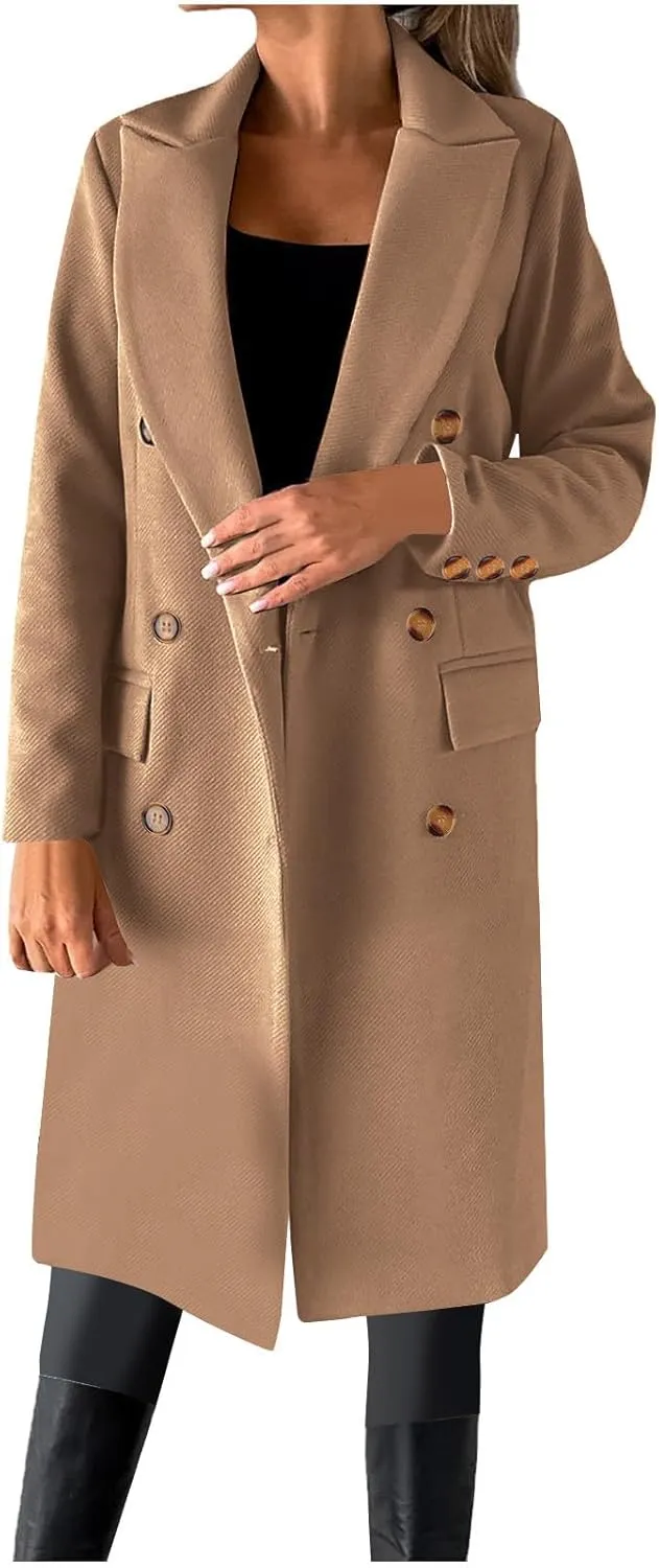 Double Breasted Peacoat for Women Winter Trendy Elegant Notched Lapel Wool Blend Trench Coat Knee Length Long Coat