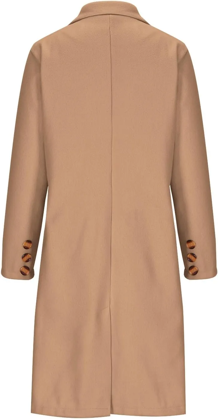 Double Breasted Peacoat for Women Winter Trendy Elegant Notched Lapel Wool Blend Trench Coat Knee Length Long Coat