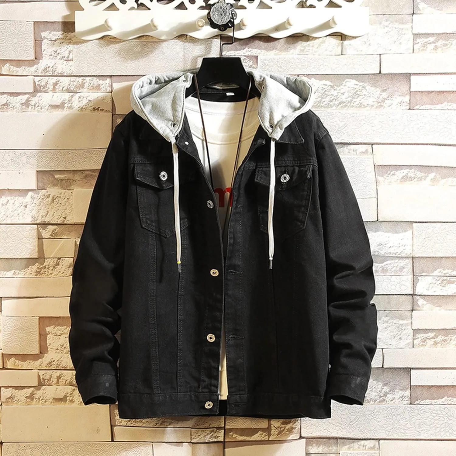 Double Coat Mens Spring And Autumn Leisure Solid Color Buckle Hooded Denim Jacket Coat
