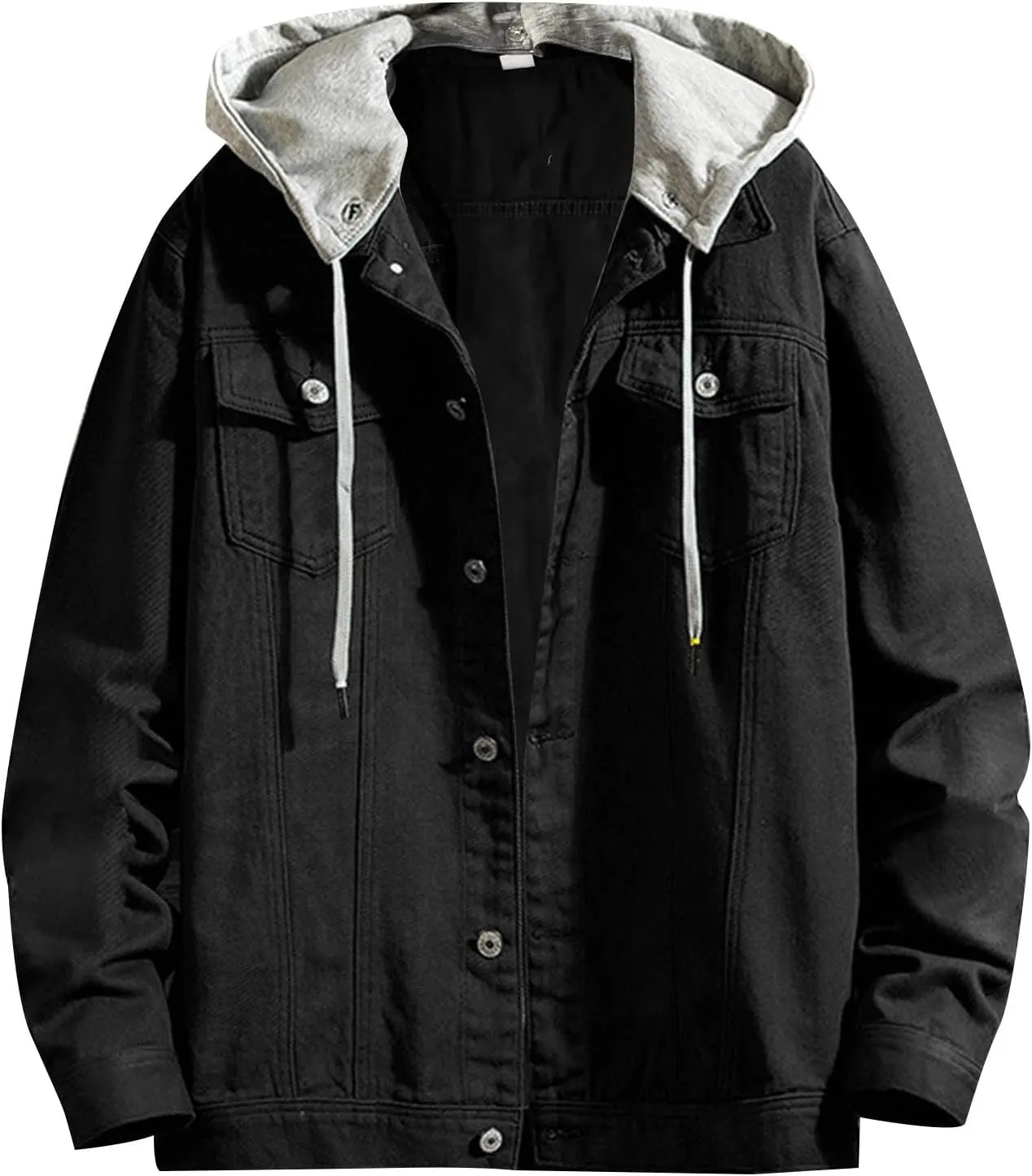 Double Coat Mens Spring And Autumn Leisure Solid Color Buckle Hooded Denim Jacket Coat