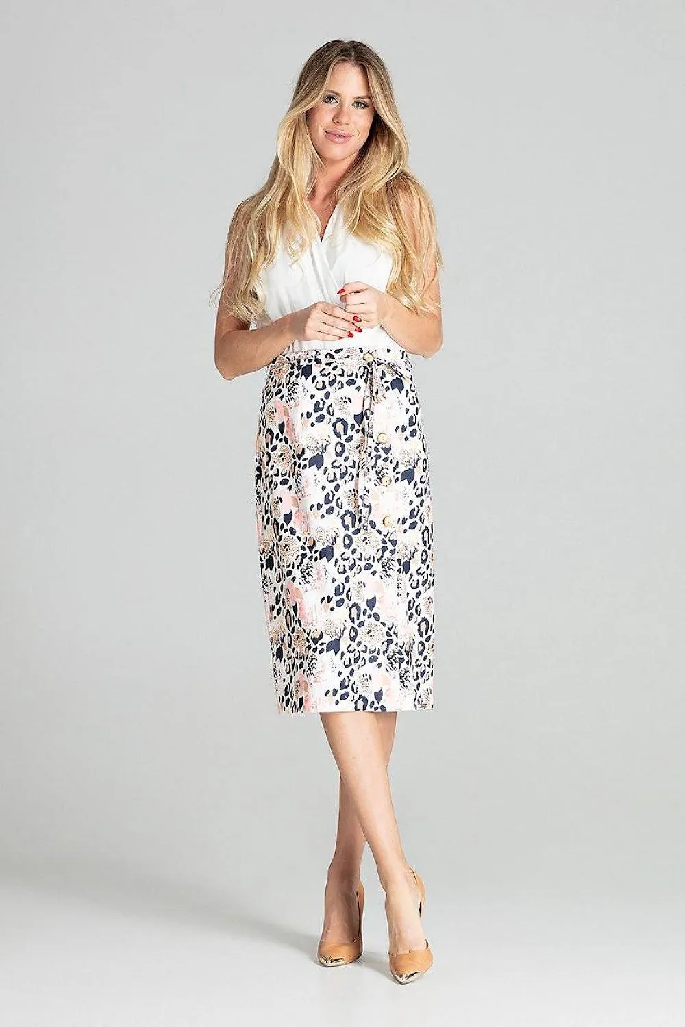 Elegant Checkered Midi Skirt with Stylish Front Overlap and Decorative Button Accents