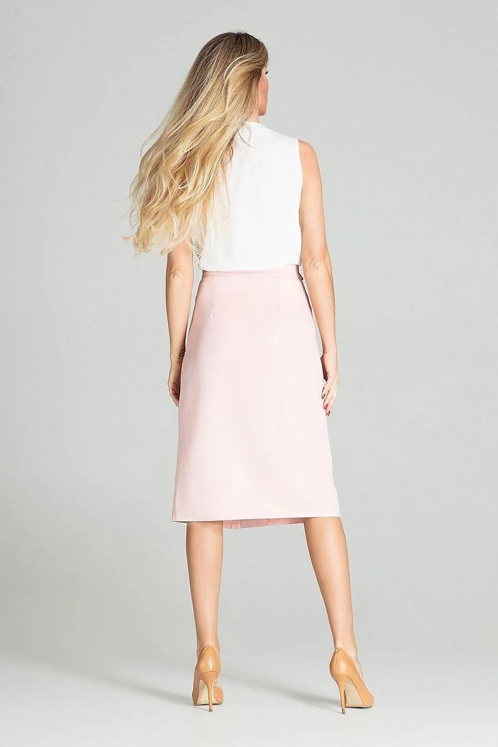 Elegant Checkered Midi Skirt with Stylish Front Overlap and Decorative Button Accents