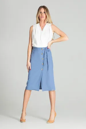 Elegant Checkered Midi Skirt with Stylish Front Overlap and Decorative Button Accents