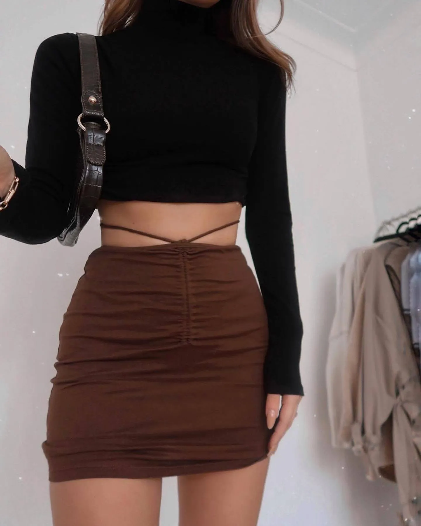 Europe Women High Waist Drawstring Lace Hip Flattering Slim Look Mid-Length Skirt