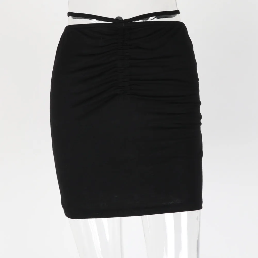 Europe Women High Waist Drawstring Lace Hip Flattering Slim Look Mid-Length Skirt
