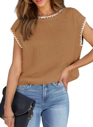 EVALESS Womens Cap Sleeve Sweater Vest Crewneck Short Sleeve Sweaters 2025 Spring Summer Trendy Casual Knit Tops