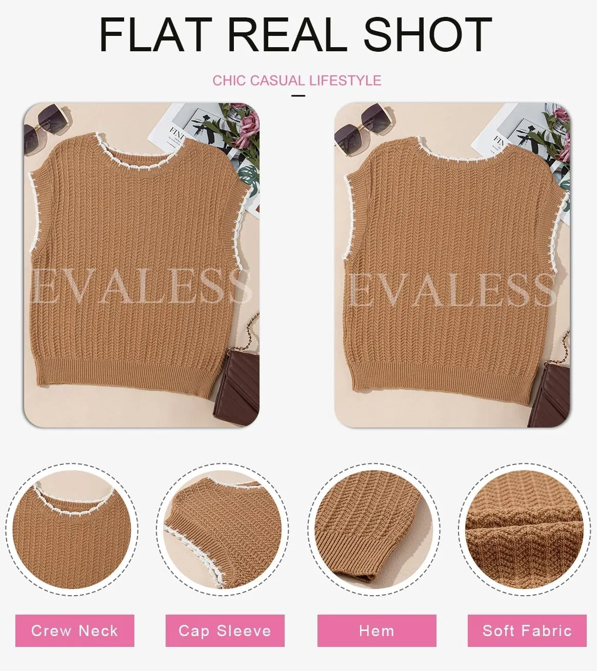 EVALESS Womens Cap Sleeve Sweater Vest Crewneck Short Sleeve Sweaters 2025 Spring Summer Trendy Casual Knit Tops