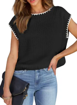 EVALESS Womens Cap Sleeve Sweater Vest Crewneck Short Sleeve Sweaters 2025 Spring Summer Trendy Casual Knit Tops