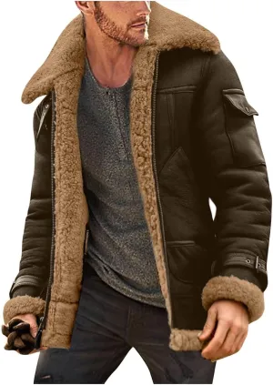 evzosrz Mens Shearling Faux Leather Winter Coats Faux Suede Sherpa Lined Lapel Thicken Warm Sheepskin Jacket Outwear Pockets