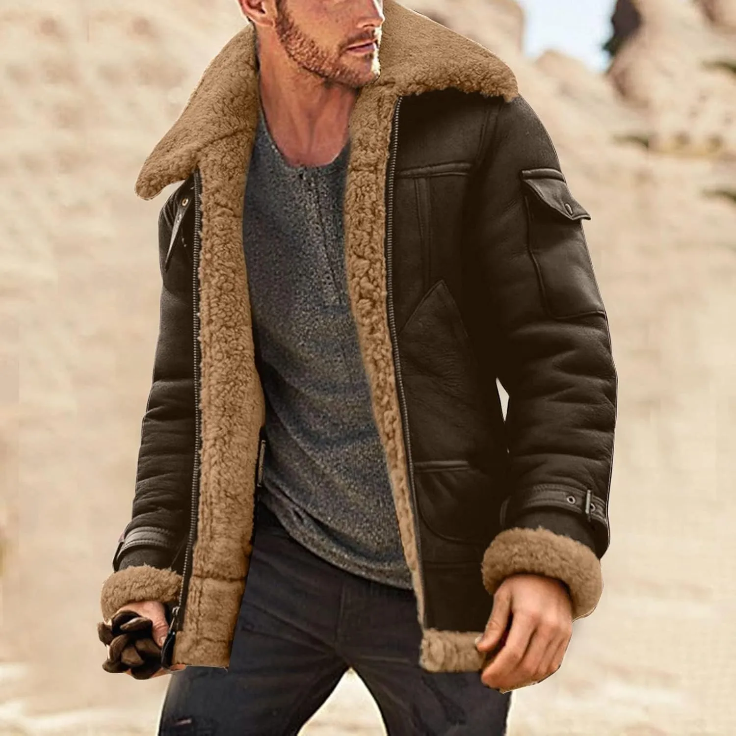 evzosrz Mens Shearling Faux Leather Winter Coats Faux Suede Sherpa Lined Lapel Thicken Warm Sheepskin Jacket Outwear Pockets