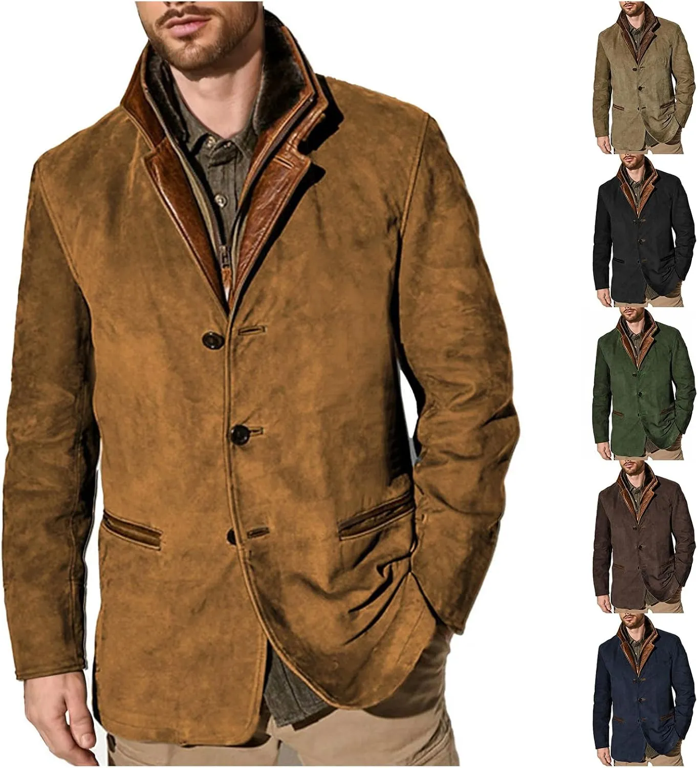 evzosrz Mens Western Jackets Fleece Vintage Faux Suede Leather Jacket 1/4 Zipper Button Winter Coat Casual Retro Outerwear