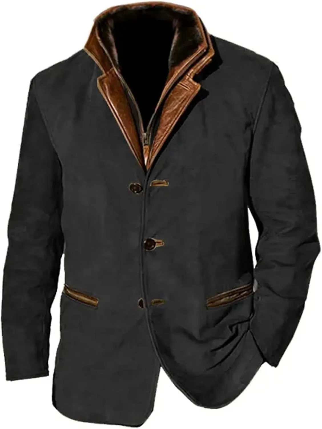 evzosrz Mens Western Jackets Fleece Vintage Faux Suede Leather Jacket 1/4 Zipper Button Winter Coat Casual Retro Outerwear