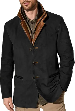 evzosrz Mens Western Jackets Fleece Vintage Faux Suede Leather Jacket 1/4 Zipper Button Winter Coat Casual Retro Outerwear