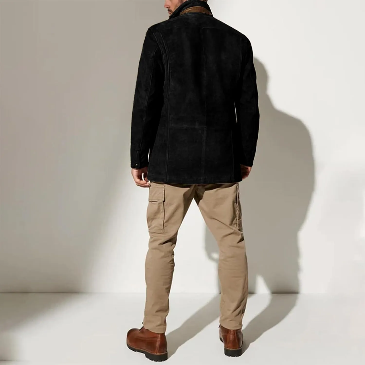 evzosrz Mens Western Jackets Fleece Vintage Faux Suede Leather Jacket 1/4 Zipper Button Winter Coat Casual Retro Outerwear