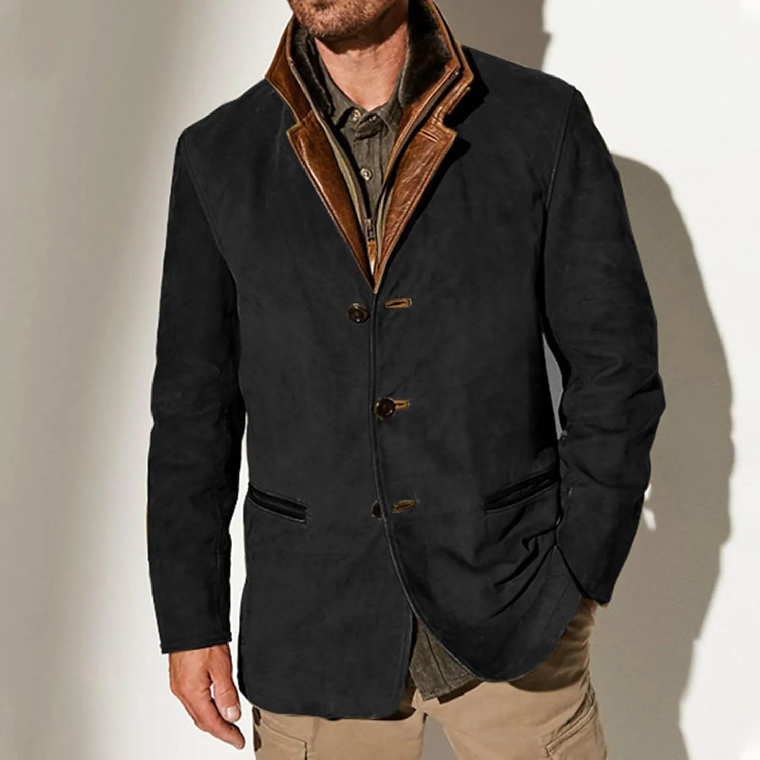 evzosrz Mens Western Jackets Fleece Vintage Faux Suede Leather Jacket 1/4 Zipper Button Winter Coat Casual Retro Outerwear
