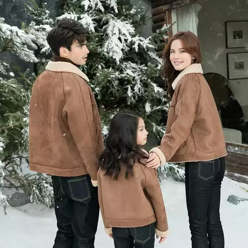 Family Matching Faux Shearling Jackets  Warm Winter Suede Coats