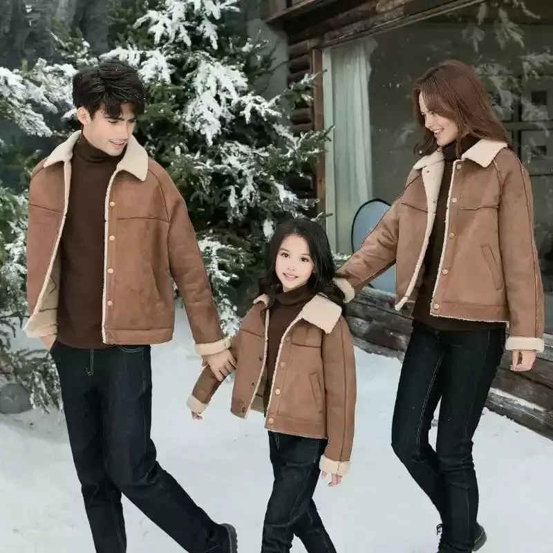 Family Matching Faux Shearling Jackets  Warm Winter Suede Coats