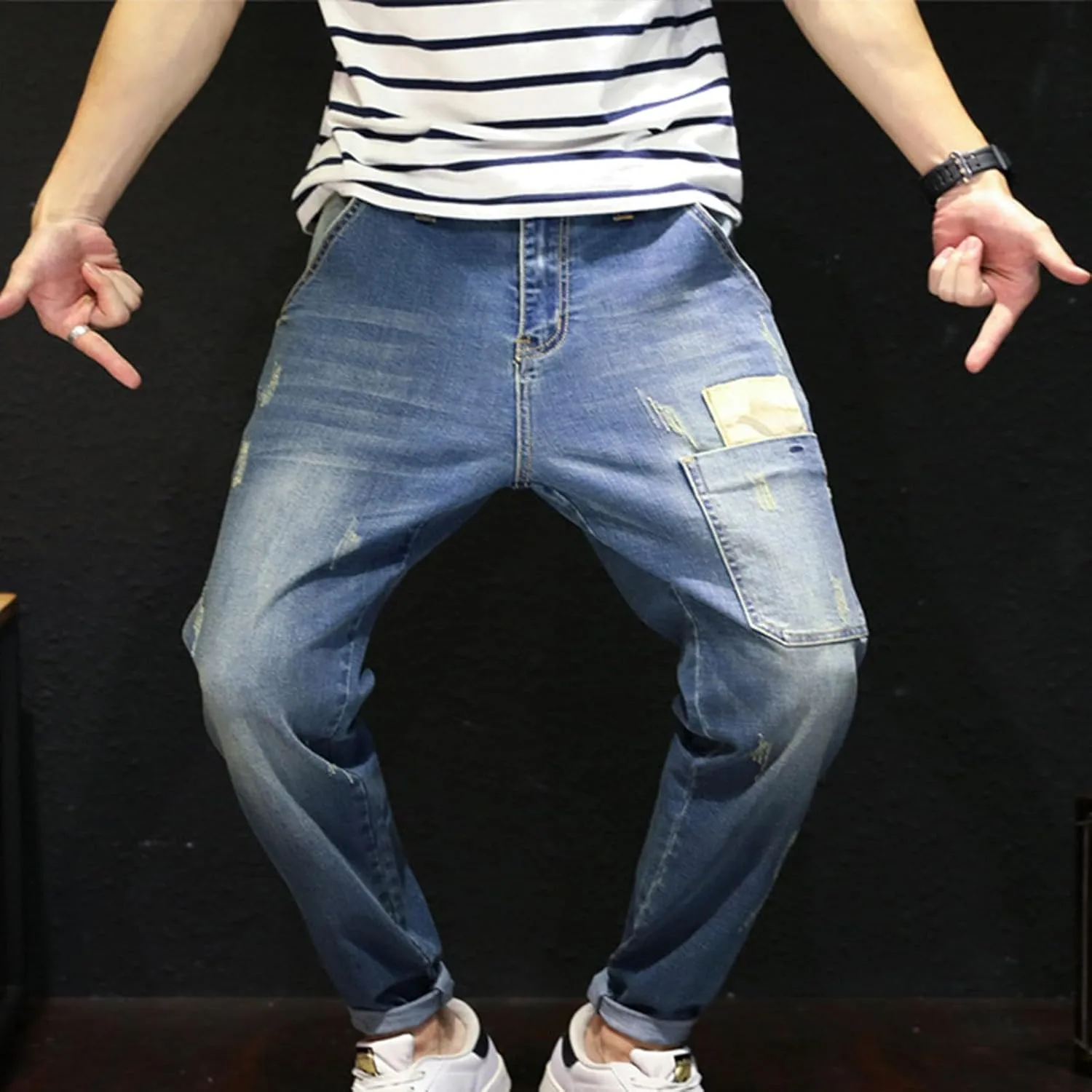 Fashion Denim Jogger Pants for Men Big and Tall Hip Hop Jean Harem Pants Streetwear Loose Fit Biker Baggy Jeans Pants