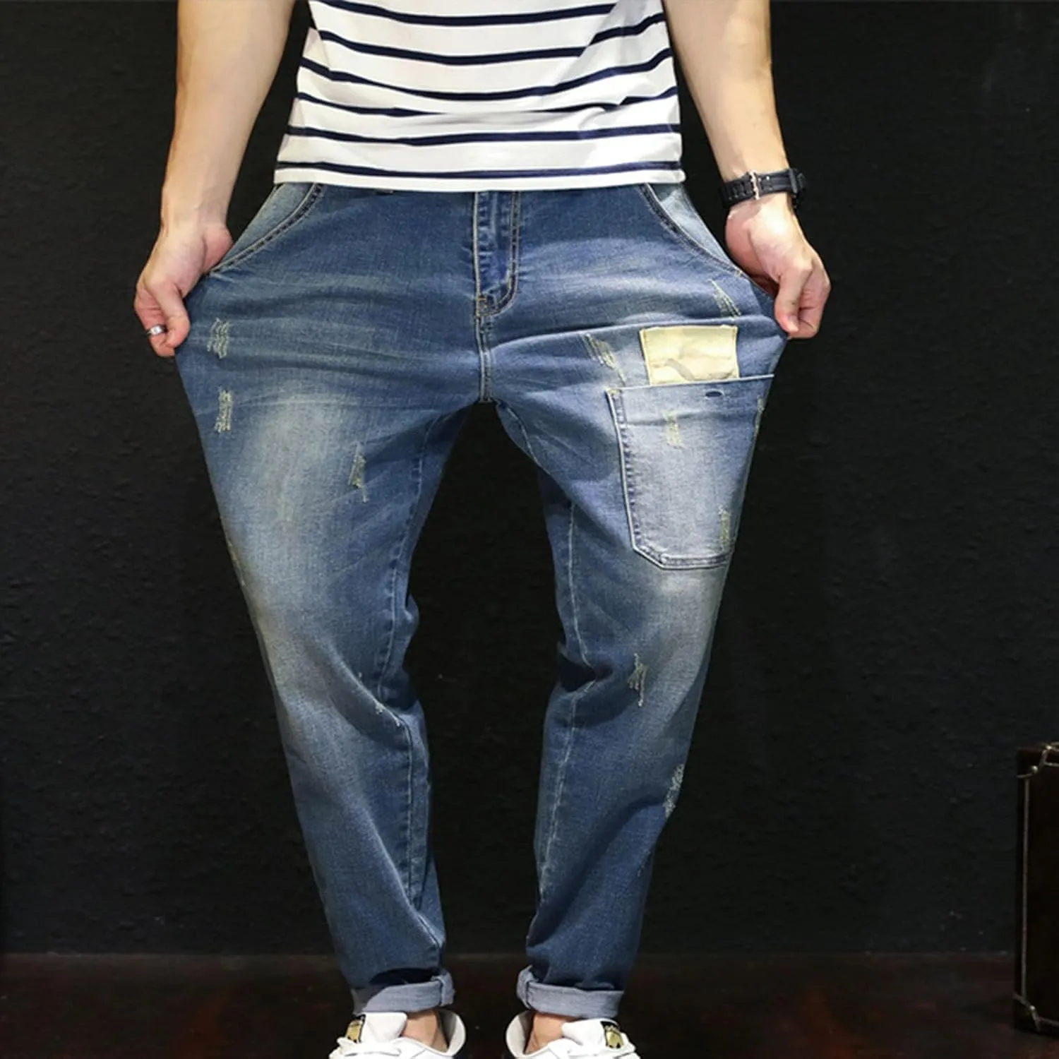 Fashion Denim Jogger Pants for Men Big and Tall Hip Hop Jean Harem Pants Streetwear Loose Fit Biker Baggy Jeans Pants