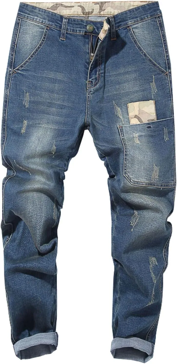 Fashion Denim Jogger Pants for Men Big and Tall Hip Hop Jean Harem Pants Streetwear Loose Fit Biker Baggy Jeans Pants