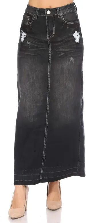 Fashion2Love Women's Juniors/Plus Size Long A-Line Stretch Denim Ripped Maxi Skirt (87995)