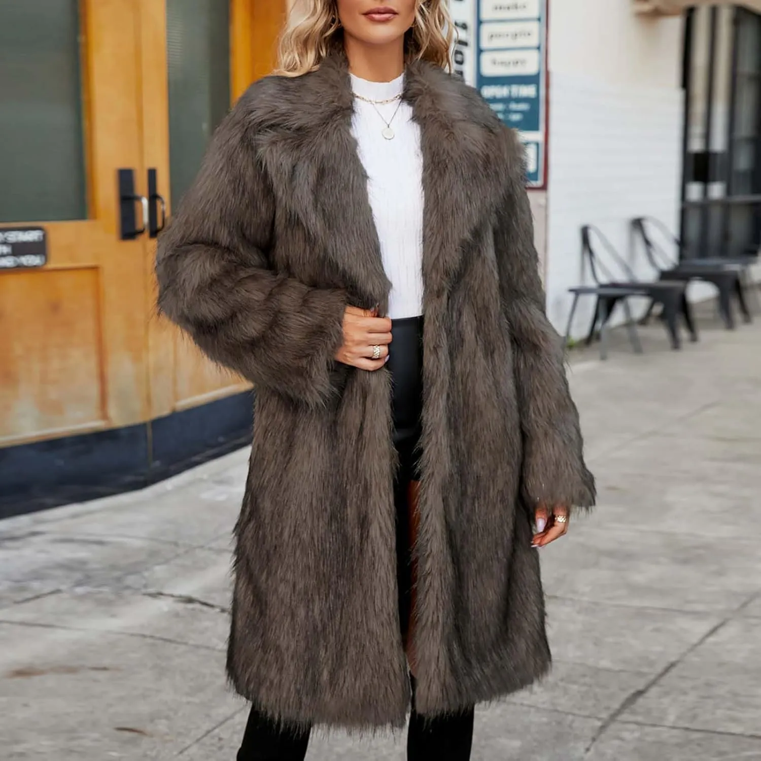 Faux Fur Solid Coats for Women Casual Loose Notch Lapel Fluffy Trench Coats Casual Thicken Warm Long Sleeve Outwear