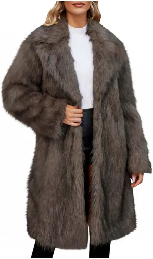 Faux Fur Solid Coats for Women Casual Loose Notch Lapel Fluffy Trench Coats Casual Thicken Warm Long Sleeve Outwear