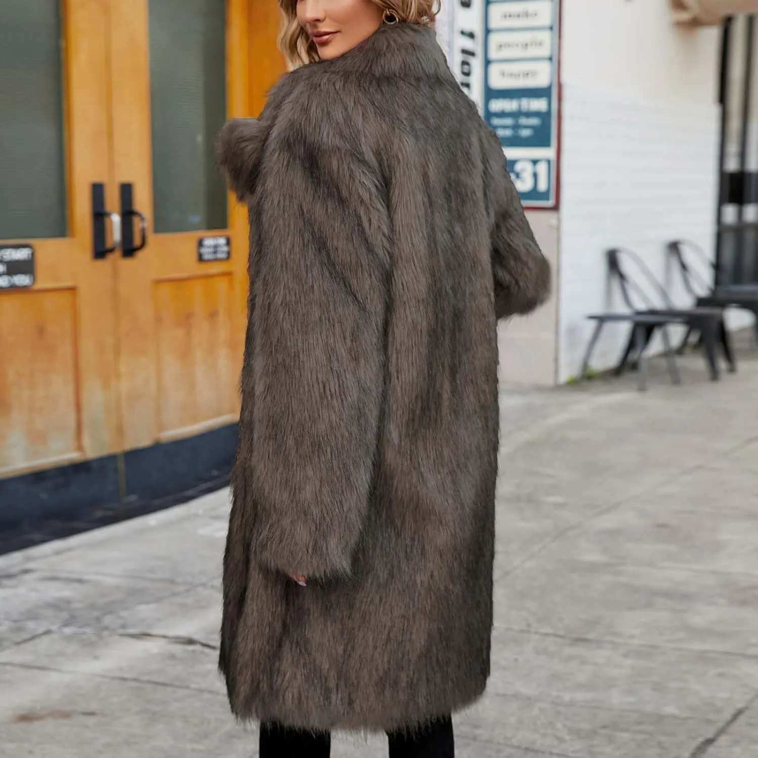 Faux Fur Solid Coats for Women Casual Loose Notch Lapel Fluffy Trench Coats Casual Thicken Warm Long Sleeve Outwear