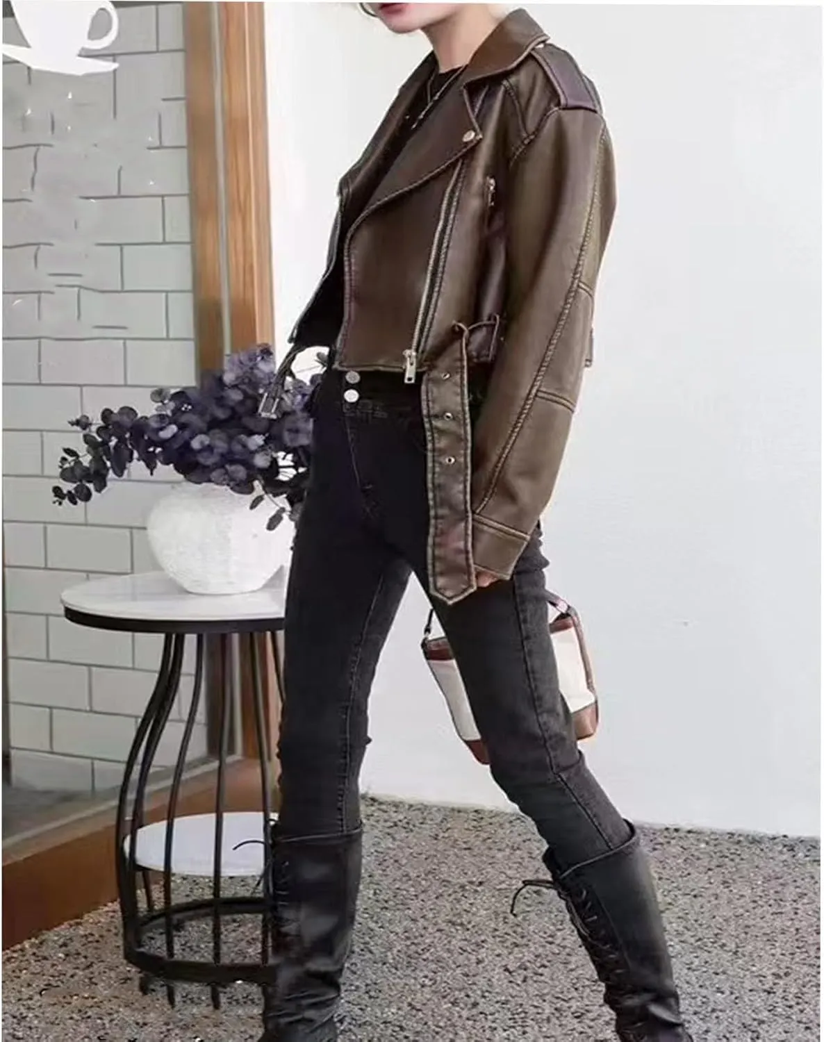 Faux leather jacket womens motorcycle Coat Lapel Casual Zip Up Cropped jacket Moto Biker Outwear with Belt(Dark brown,Large)
