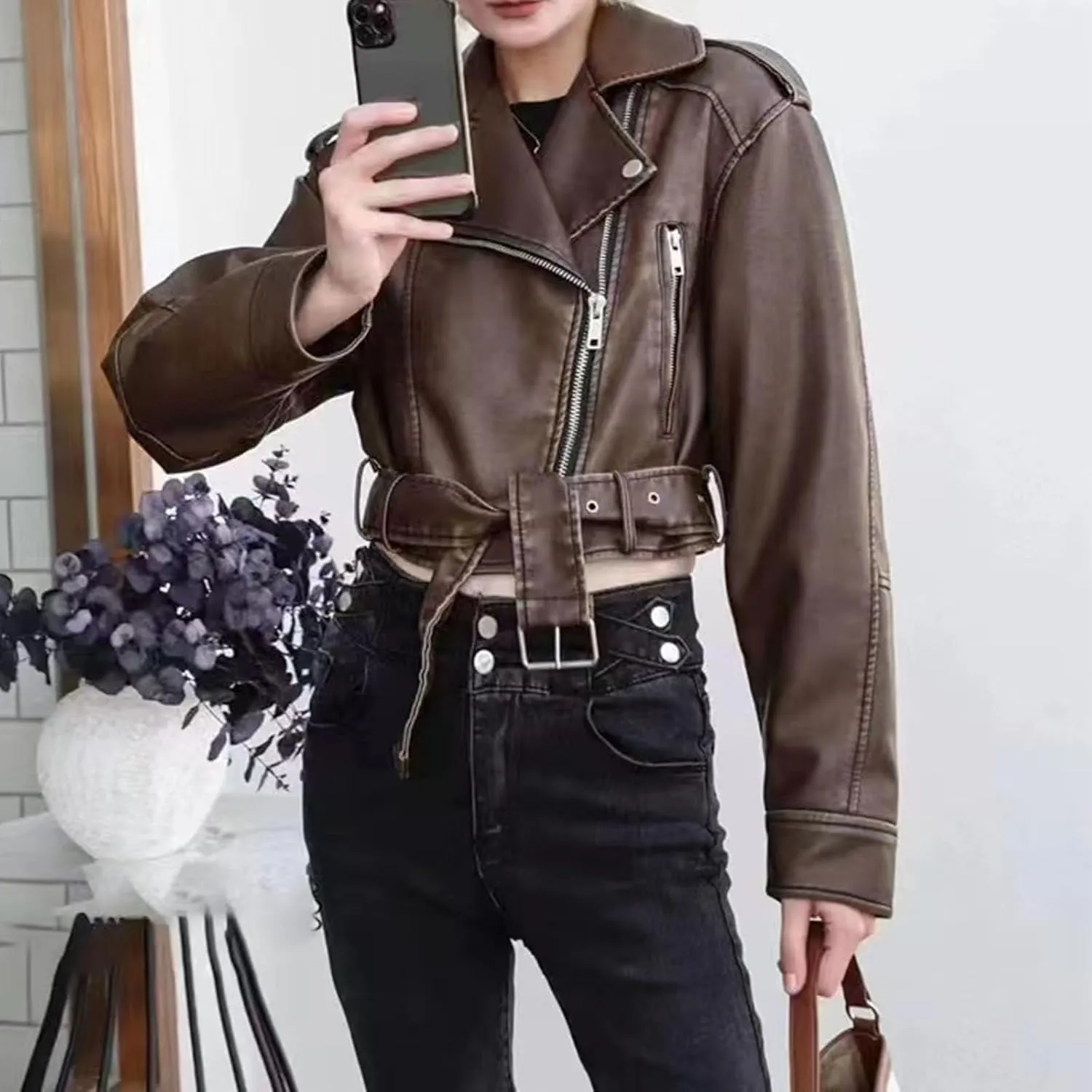 Faux leather jacket womens motorcycle Coat Lapel Casual Zip Up Cropped jacket Moto Biker Outwear with Belt(Dark brown,Large)