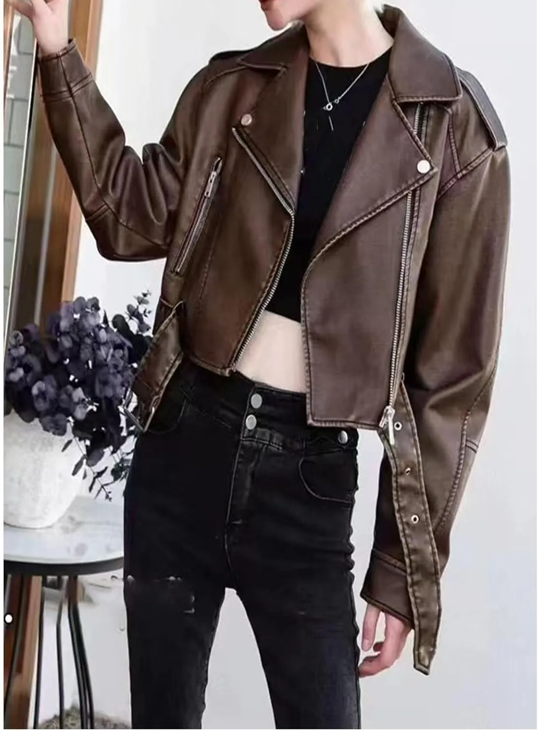 Faux leather jacket womens motorcycle Coat Lapel Casual Zip Up Cropped jacket Moto Biker Outwear with Belt(Dark brown,Large)