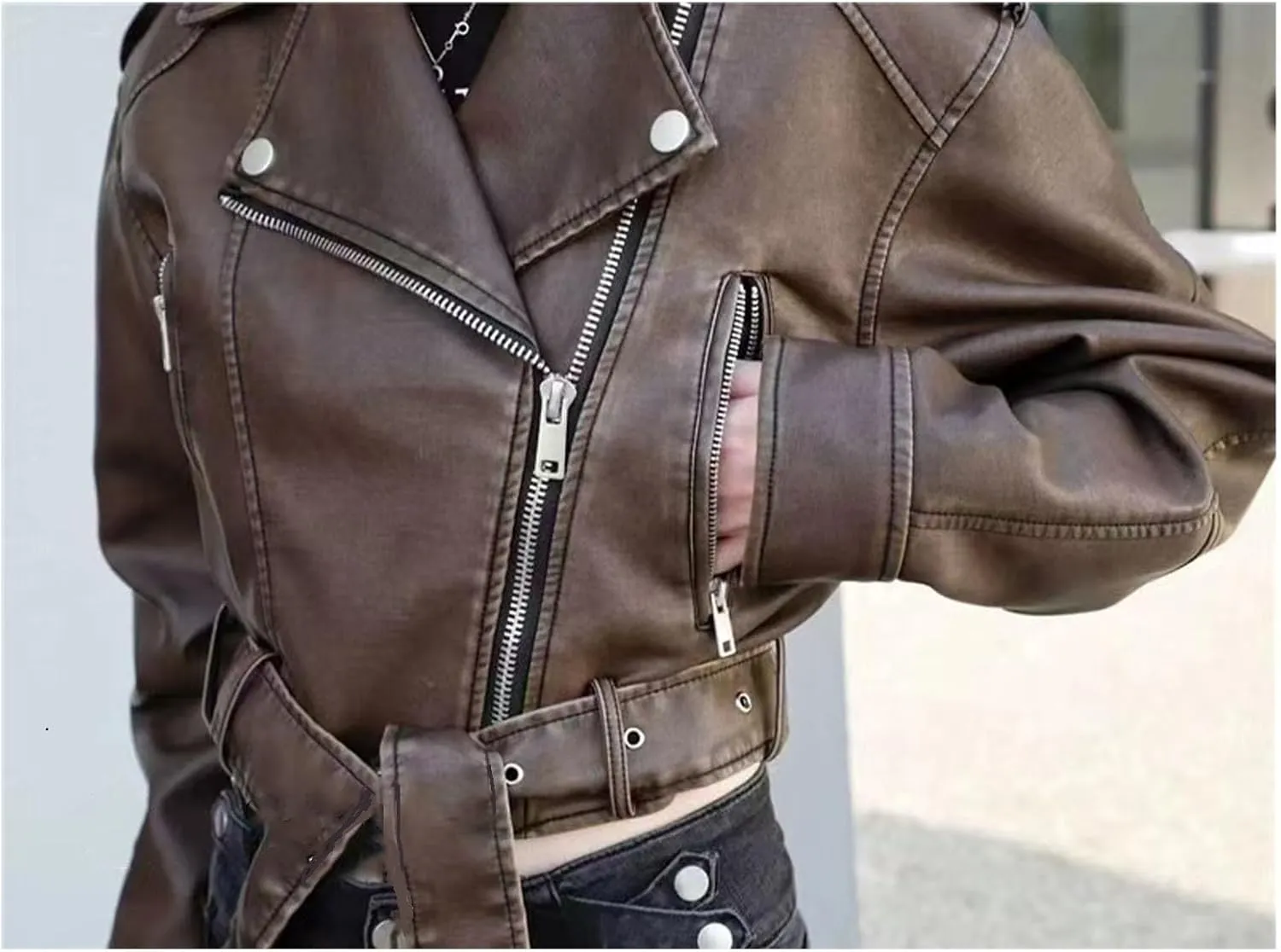 Faux leather jacket womens motorcycle Coat Lapel Casual Zip Up Cropped jacket Moto Biker Outwear with Belt(Dark brown,Large)