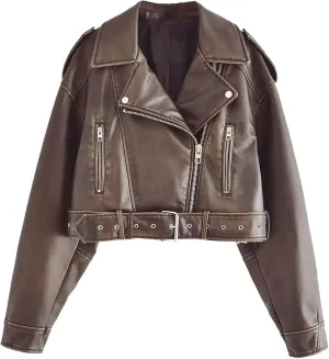 Faux leather jacket womens motorcycle Coat Lapel Casual Zip Up Cropped jacket Moto Biker Outwear with Belt(Dark brown,Large)