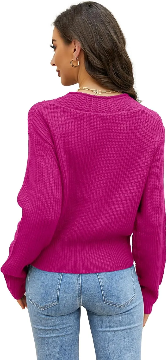 Febriajuce Women's Long Sleeve V-Neck Button Down Rib Knit Cropped Cardigan Sweater