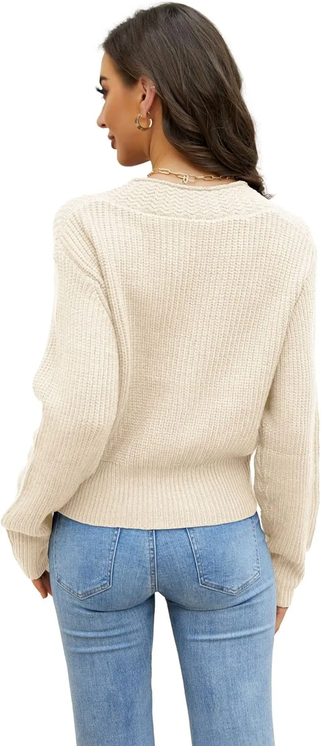Febriajuce Women's Long Sleeve V-Neck Button Down Rib Knit Cropped Cardigan Sweater