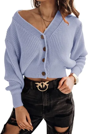 Febriajuce Women's Long Sleeve V-Neck Button Down Rib Knit Cropped Cardigan Sweater