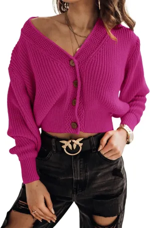 Febriajuce Women's Long Sleeve V-Neck Button Down Rib Knit Cropped Cardigan Sweater