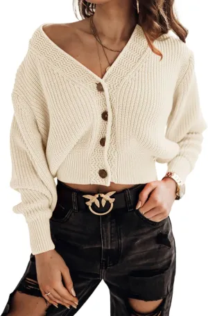 Febriajuce Women's Long Sleeve V-Neck Button Down Rib Knit Cropped Cardigan Sweater
