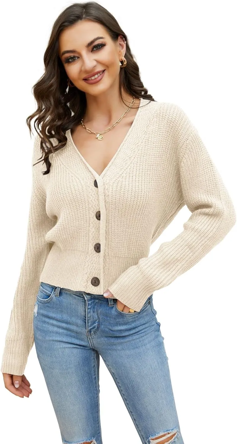 Febriajuce Women's Long Sleeve V-Neck Button Down Rib Knit Cropped Cardigan Sweater