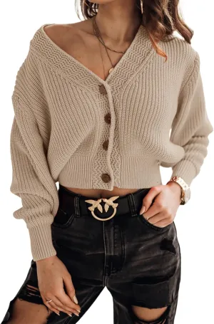 Febriajuce Women's Long Sleeve V-Neck Button Down Rib Knit Cropped Cardigan Sweater
