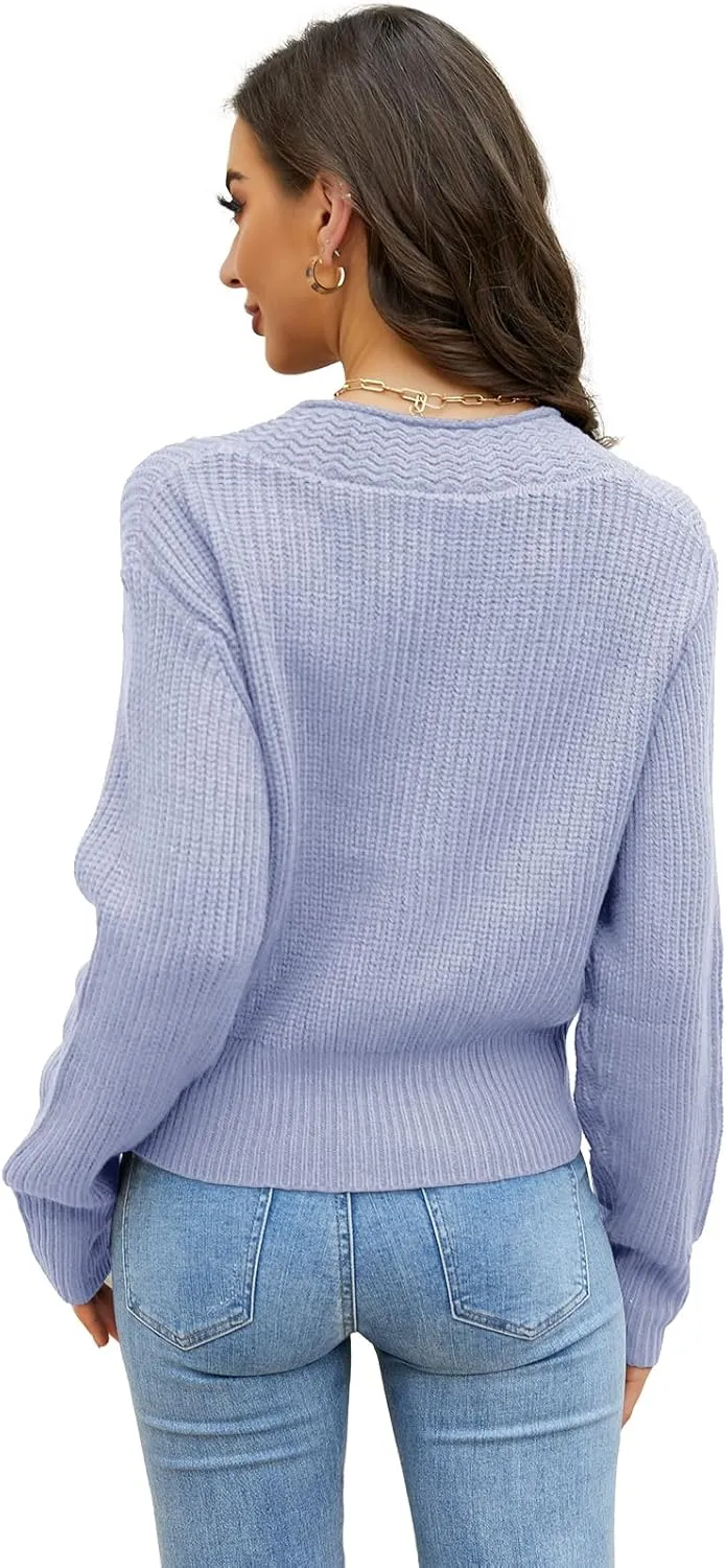 Febriajuce Women's Long Sleeve V-Neck Button Down Rib Knit Cropped Cardigan Sweater